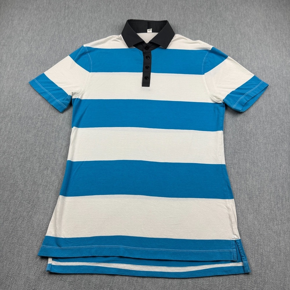 Lululemon Polo Shirt Mens Medium Blue Stripes Short Sleeve Collared Gold Casual